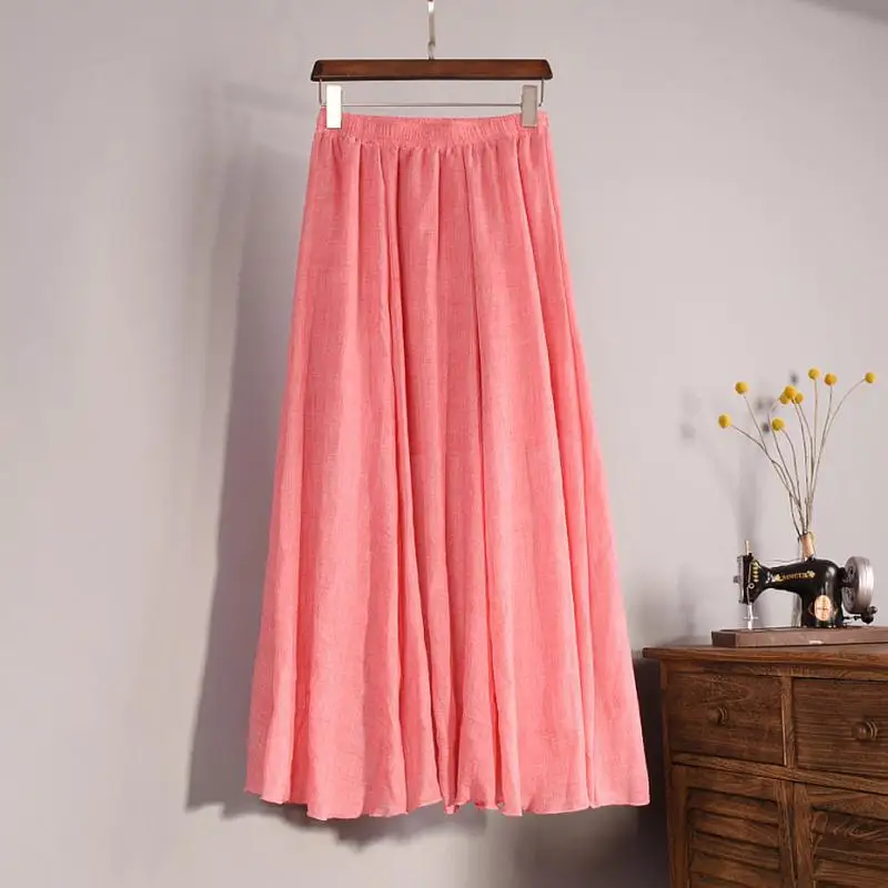 Light red Женские Элегантные 16 цветов, высокая талия, эластичная талия, льняные гофрированные длинные юбки, женская тонкая повседневная юбка, Saias, новинка, лето, SK05 - Цвет: Light red