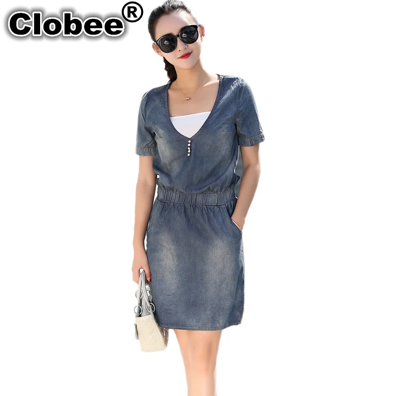 Женское винтажное джинсовое платье с глубоким v образным вырезом свободное