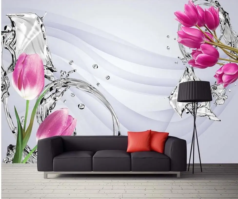 Обои фрески 3d обои цветок воды Розовый тюльпан фон стены объемный с картиной |
