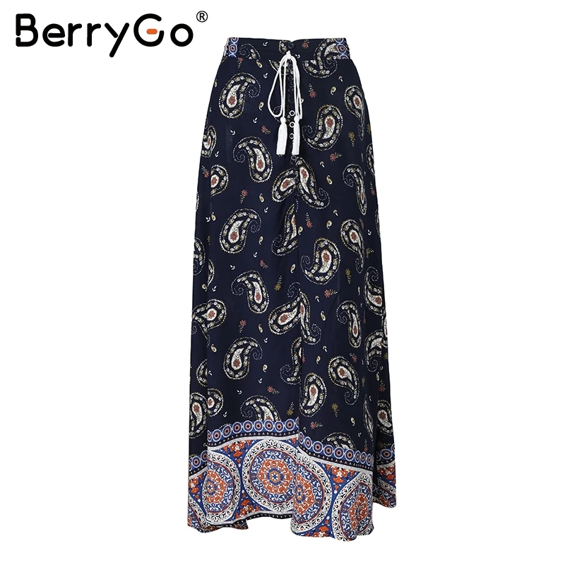 Navy Blue BerryGo, Женская Длинная юбка с высокой талией, с разрезом, с кисточками, летняя, стильная, Пляжная, макси юбка,, повседневный пояс с цветочным узором, Женская юбка с запахом - Цвет: Navy Blue