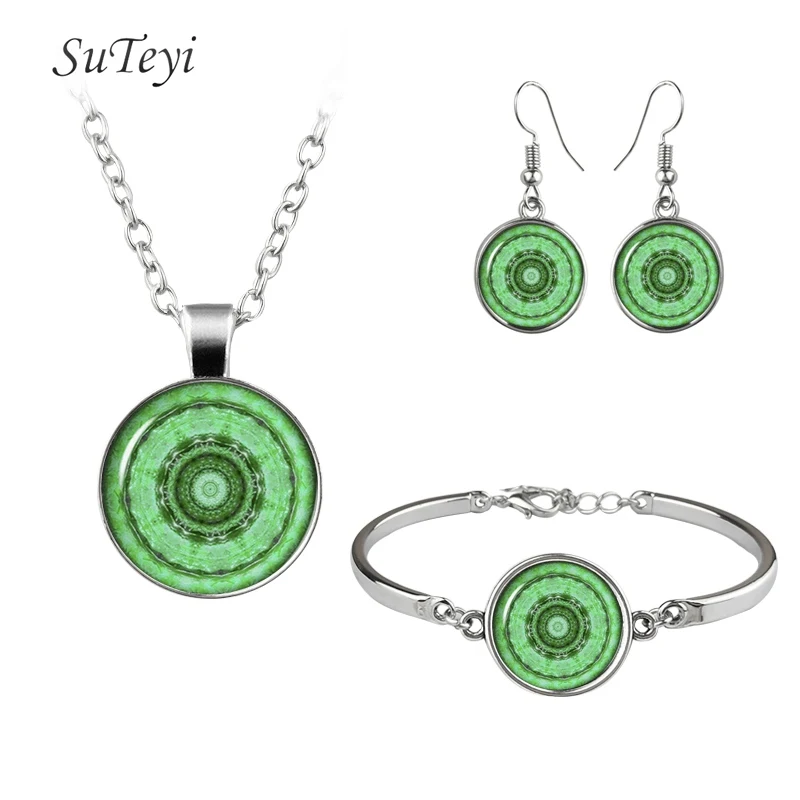 9 SUTEYI, стиль, круглые стеклянные серьги, Geomertry, чакра, браслет, ожерелье, ювелирный набор, Йога, искусство, изображение, ожерелье s - Окраска металла: 9