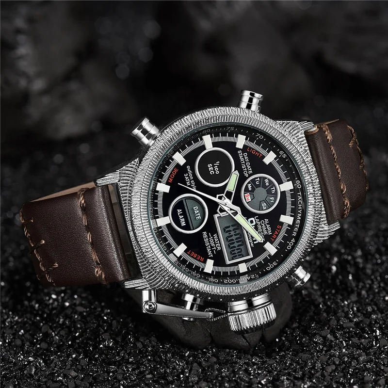 

Oulm Multifunctional Sport Watch Dual Display Chronograph Waterproof Leather Watches Men Luxury Brand Male Quartz Wristwatch