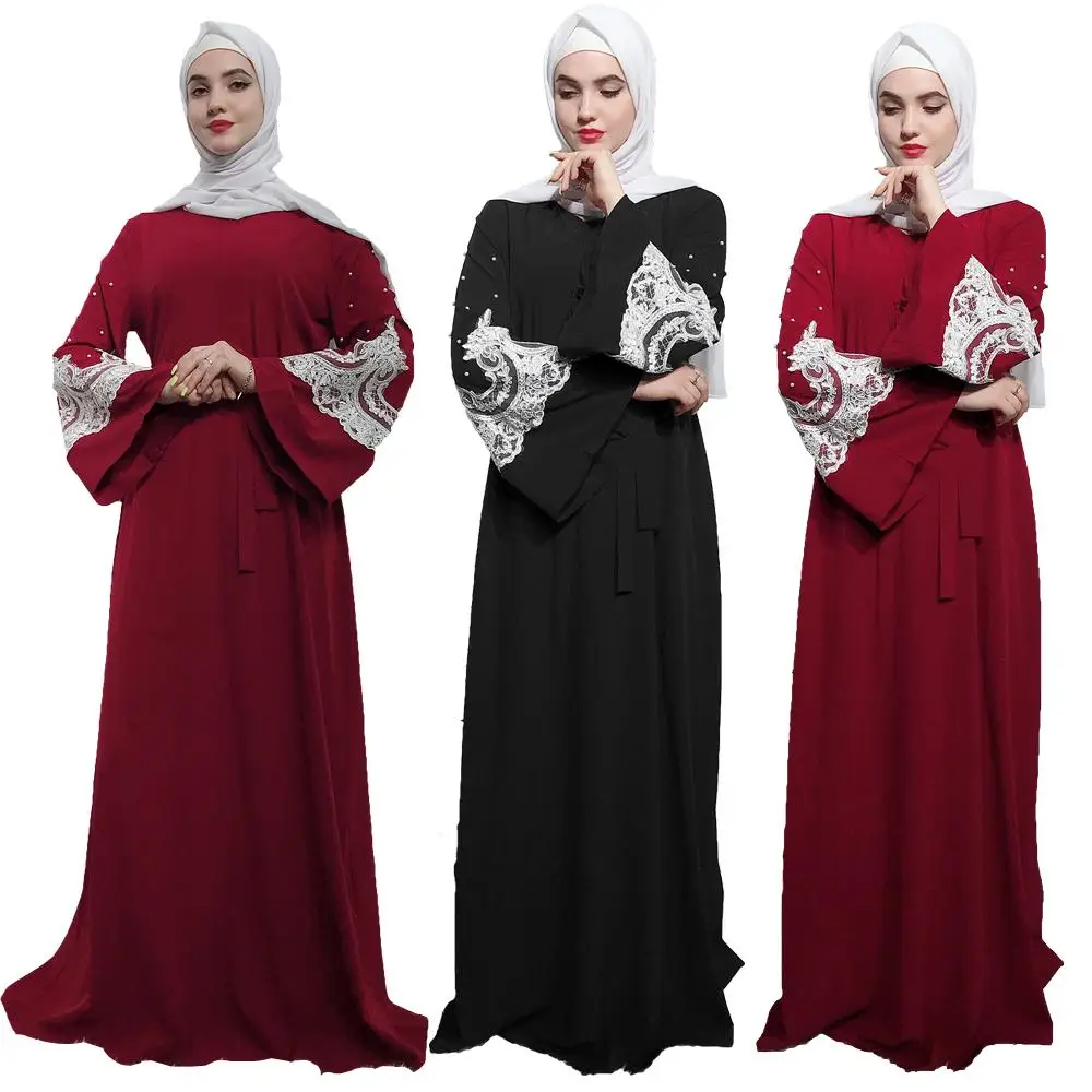 

Muslim Abaya Bell Sleeve Long Maxi Dress For Women Vintage Beads Kaftan Dubai Robes Gown Loose Arab Appliques With Belt Fashion