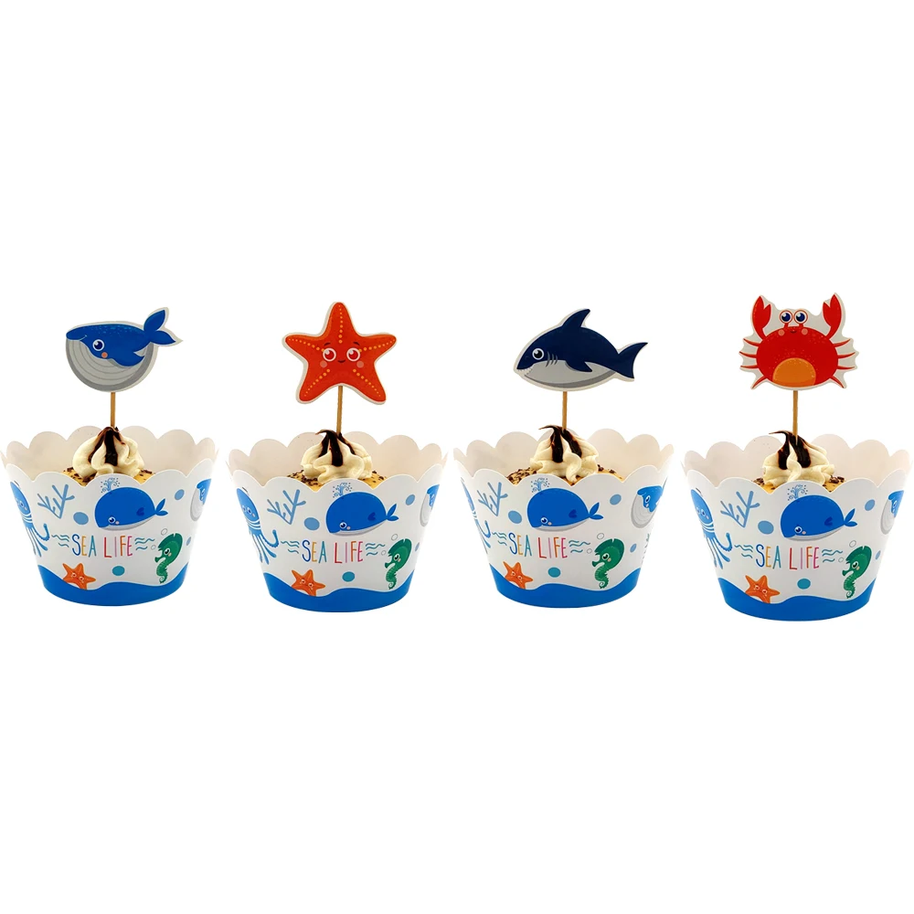 Аксессуар для кекса 24 шт./лот Морская жизнь морская Marine12pcs обертки+ 12 шт. топперы для Для детей ко дню рождения украшение для праздничного торта