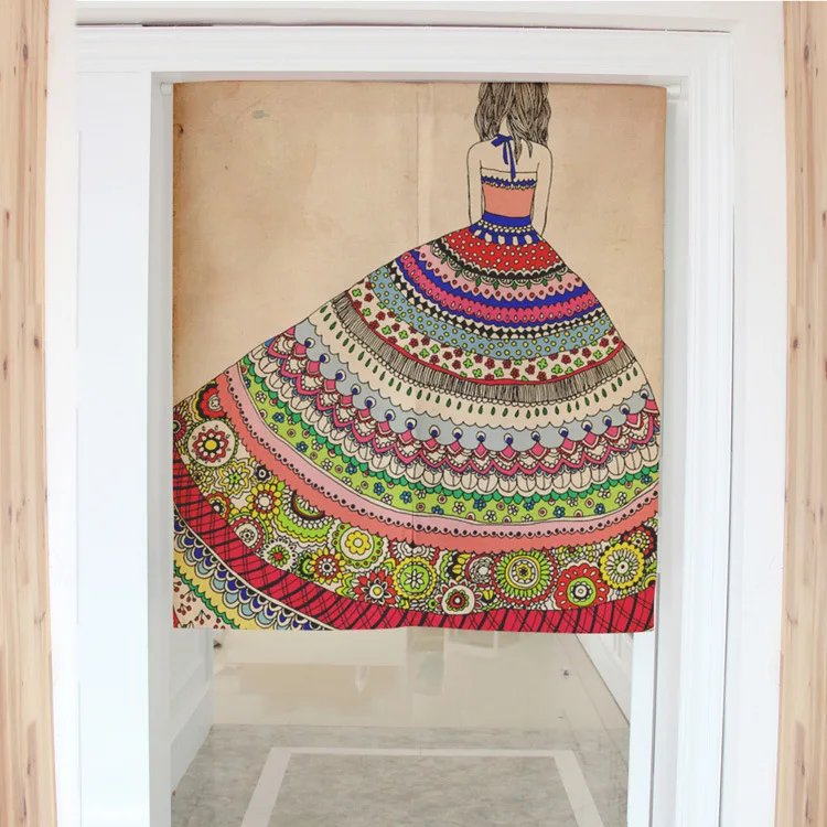 

Nice Curtains Retro Girl Colorful Dress Dimidiate Door Curtain Cotton Linen Household Geomantic Partition Door Curtain 80x90CM