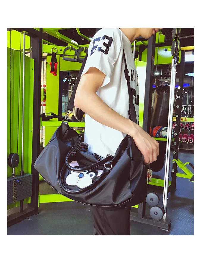 Fashion Casual PU Leather Travel Bags Black Couple Cartoon Dog Embroidery Overnight Weekend Bag Short Trip GYM Big Hand Luggage