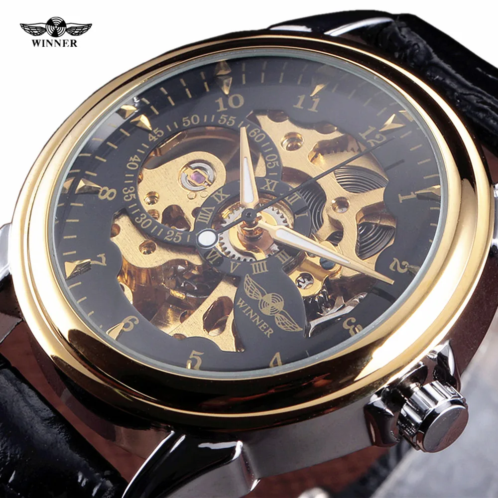 Часы WINNER роскошные мужские механические наручные часы с золотым корпусом и