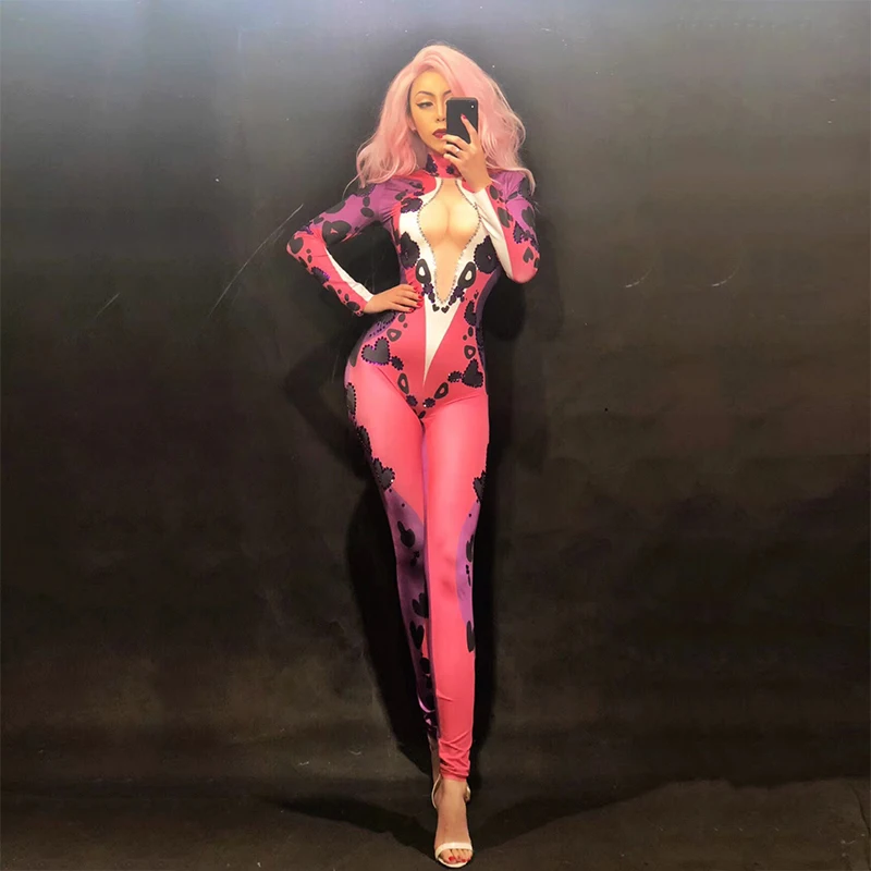Women Sexy Nightclub Costumes for Singer Red 3D Printed Black Flower Sparkling Crystals Bodysuit Custom-Made | Тематическая одежда