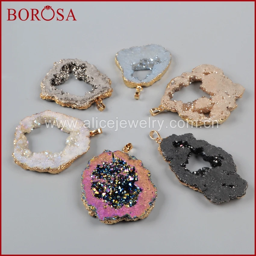 

BOROSA 10pcs Druzy Jewelry Gold Color Freeform Mix color Titanium Geode Crystal Quartz Slice Drusy Pendant Bead G1092