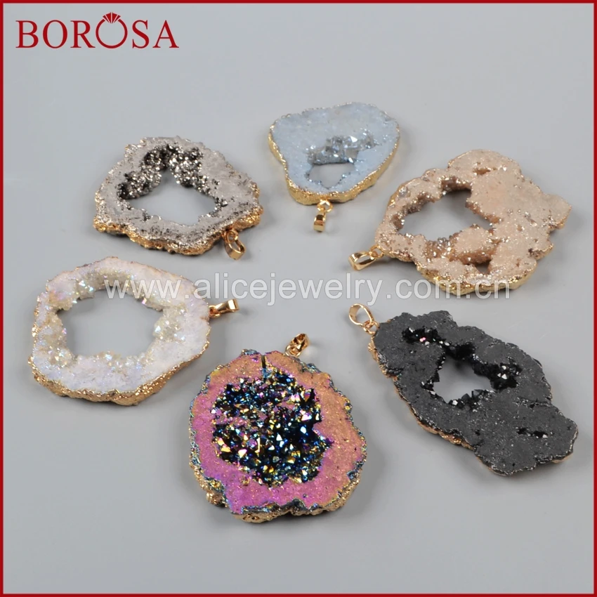 

BOROSA 10 шт. Друза ювелирные изделия золотой цвет свободная форма смешанных цветов титановый геод Кристалл кварц срез Drusy подвеска бисер G1092