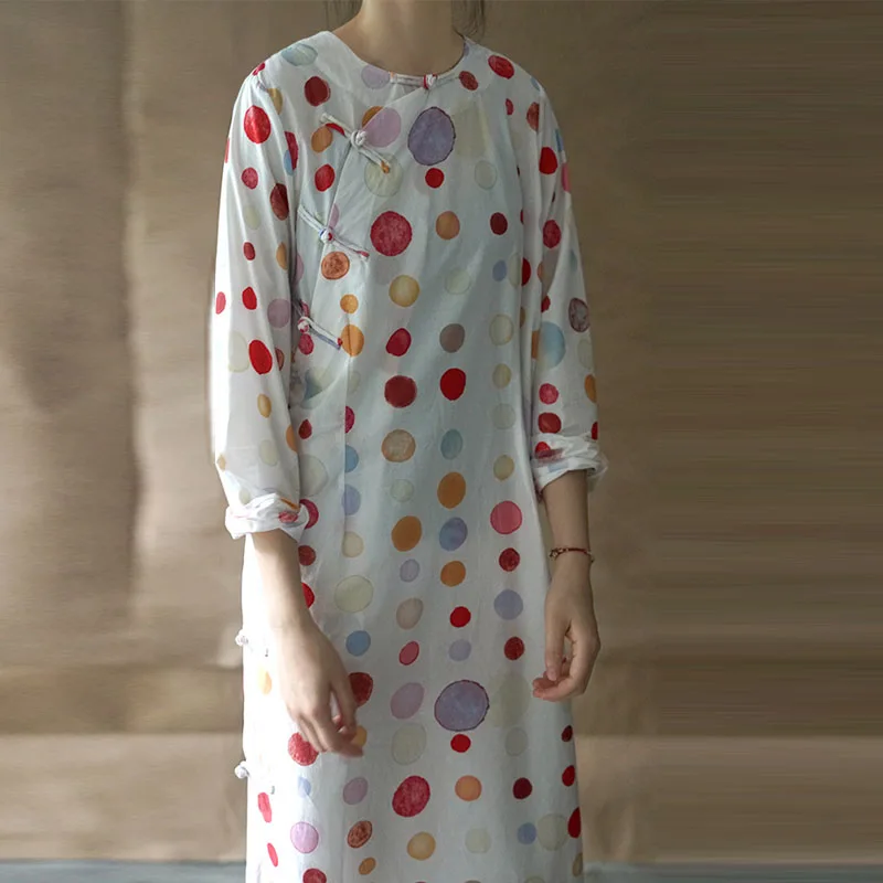 Johnature женское Новое хлопковое льняное платье с круглым вырезом и пряжкой Cheongsam 2021