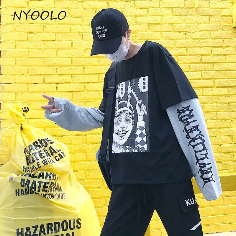 NYOOLO Весна Осень Harajuku стиль ужасов комиксов печати Толстовка Поддельные 2 шт. Лоскутные пуловеры толстовка женская мужская одежда