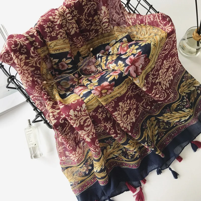 2017 New Vintage Flower Pattern Tassel Scarf Floral Shawls Headscarf Long Wrap Hijab Muffler Free Shipping |
