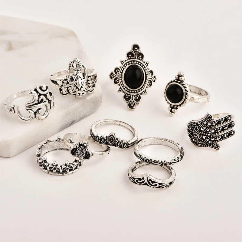 Bohemian Ring Retro Female Animal Palm Openwork Carved Black Imitation Gem Joint Set Of 10 Wholesale Popular | Украшения и
