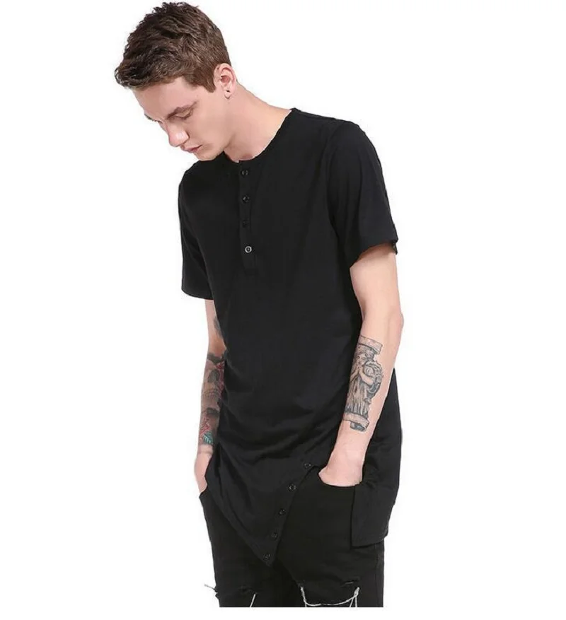 LILL | Men Casual T Shirts Black Button Longline Hip Hop T-Shirt Short Sleeve Summer Loose Top Tees White Irregular XAA023 Мужская