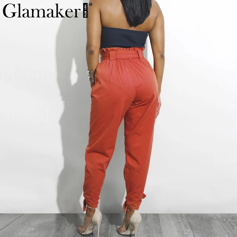 Glamaker Свободные Лук рюшами женские брюки капри Лето Высокая талия мотобрюки для женщин Steetwear фитнес женский брюки для девочек кружево до нижней