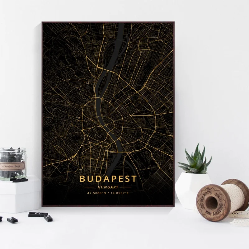 Карта города Будапешт Венгрия золотая карта холст Художественная печать