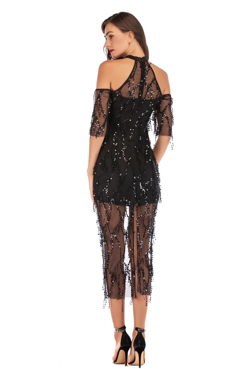 Женское вечернее платье с бахромой элегантное Сетчатое подиумное блестками и