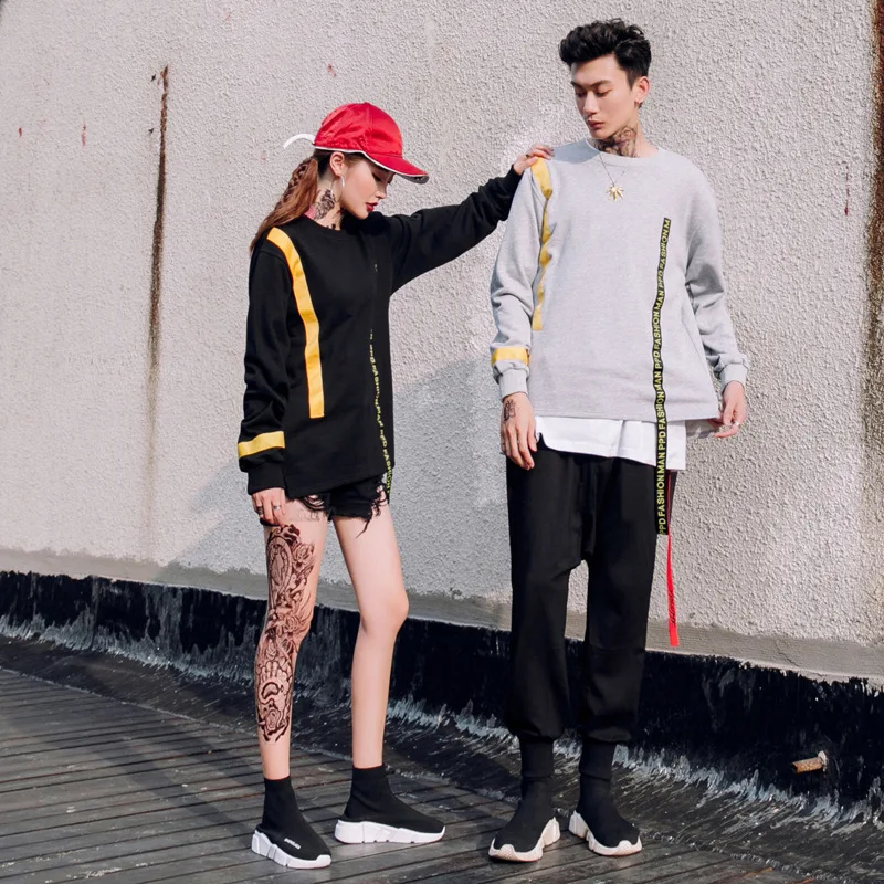 Модные базовые Для мужчин Толстовка Ленты Hipster ажурные пуловер унисекс Толстовки