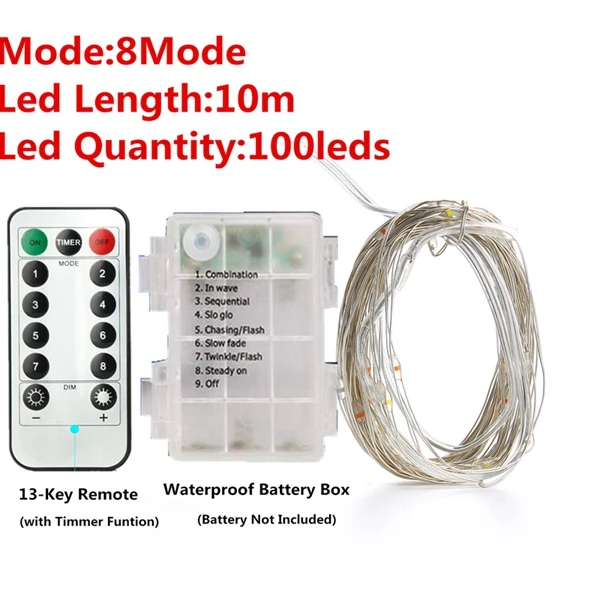 10m 100led 8mode 8 режимов 33 фута 100 светодиодные гирлянды с батареей дистанционного управления таймером управляемый водонепроницаемый медный провод мерцающий свет - Испускаемый цвет: 10m 100led 8mode