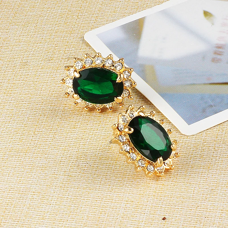 Серьги гвоздики с кристаллом эллипса зеленые корейские серьги модные ювелирные