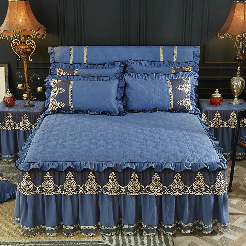 

Blue Lace Bedspread Bed Skirt Pillowcases with Cotton 1/3pcs Winter Warm Thick Bedding Bedsheet Mattress Cover Home Textile