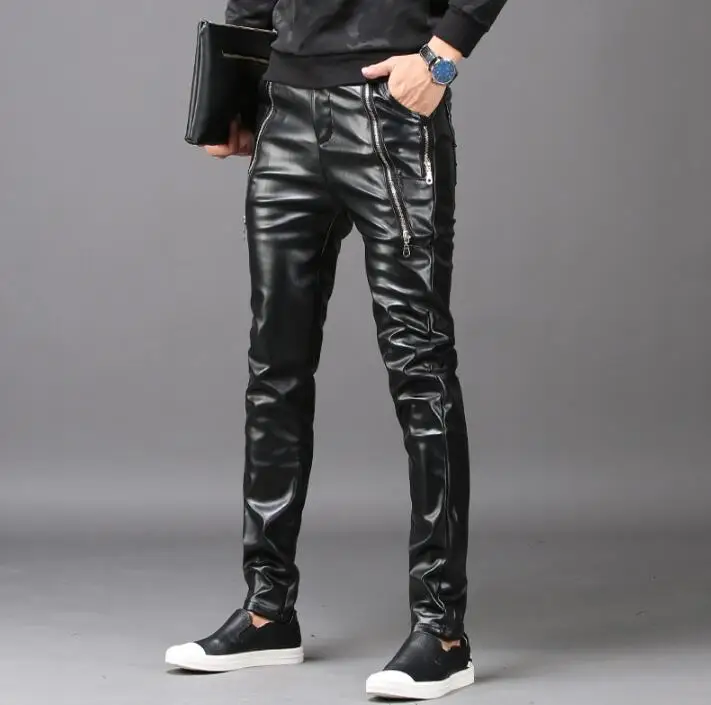 219 autumn winter personality fashion motorcycle faux leather pants mens feet pants warm pu trousers for men pantalon homme