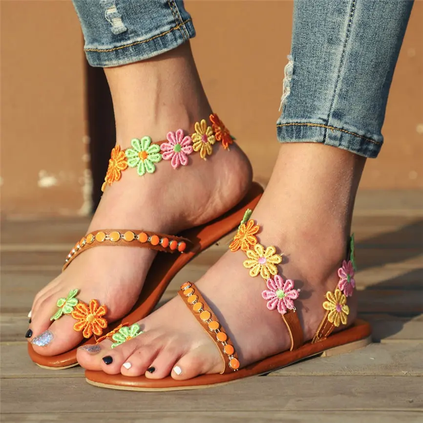 Сандалии стразы женские в этническом стиле тапочки летняя обувь на плоской