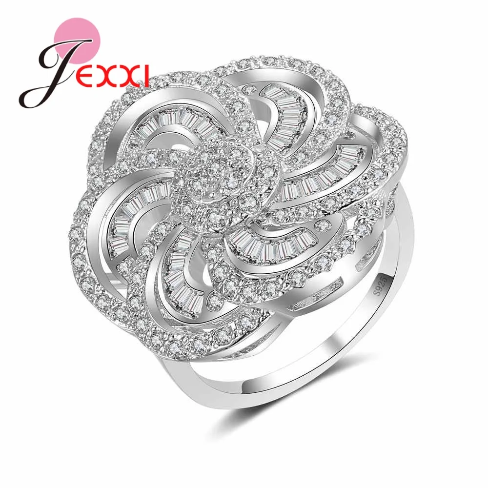 

Vintage Hollow Out Flower Rings For Woman Party Engagement Jewelry 925 Sterling Silver Rhinestone Wedding Ring Accessories