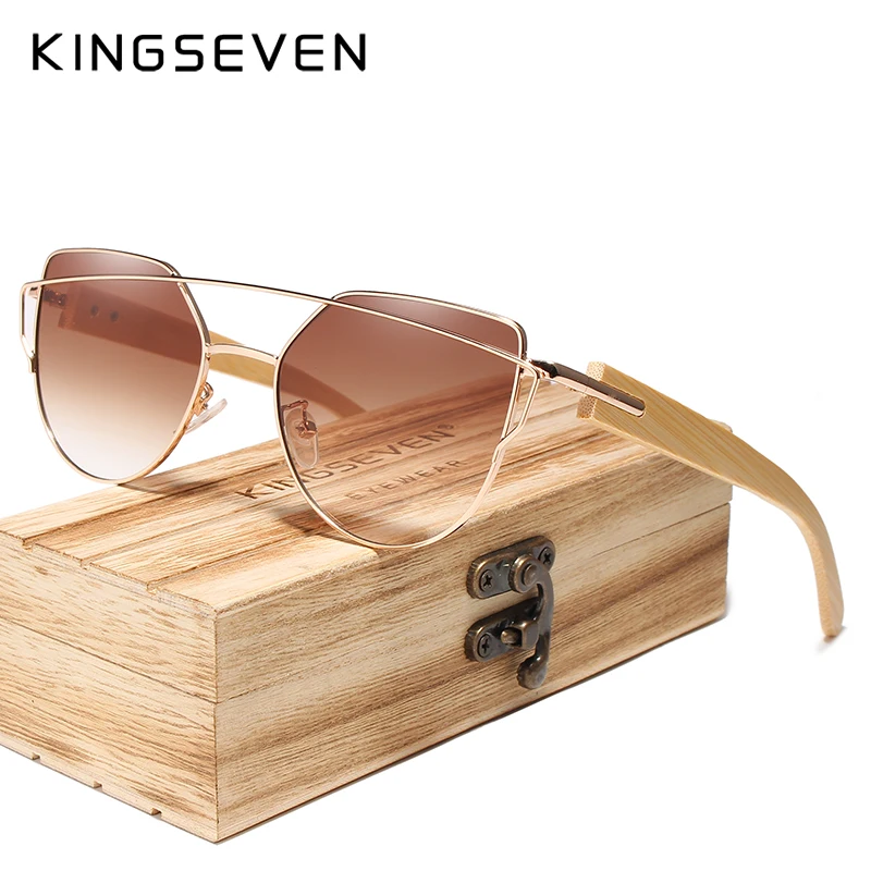 Бренд KINGSEVEN, бамбуковые солнцезащитные очки кошачий глаз, поляризационные, металлическая оправа, деревянные очки, женские роскошные солнцезащитные очки, деревянный ящик