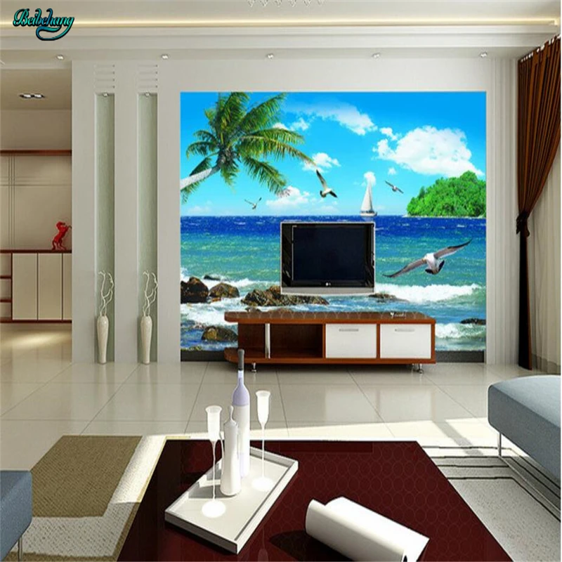 

beibehang Large Custom Wallpaper Seaside Coconut Seagull Stone Seawater Landscape Mural House Decoration