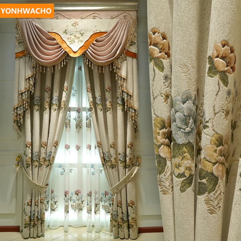 

Custom curtains Chenille European Jacquard Luxury Villa Deluxe Living Room beige cloth blackout curtain tulle valance drape B342