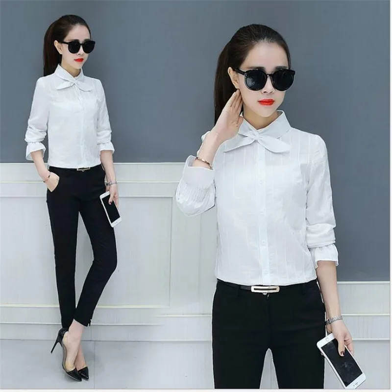 Fashion Striped Spring Autumn Women Shirts 2018 New Sweet Bow Work Blouses Long Flare Sleeve Slim Office Lady Blouse Q060 | Женская