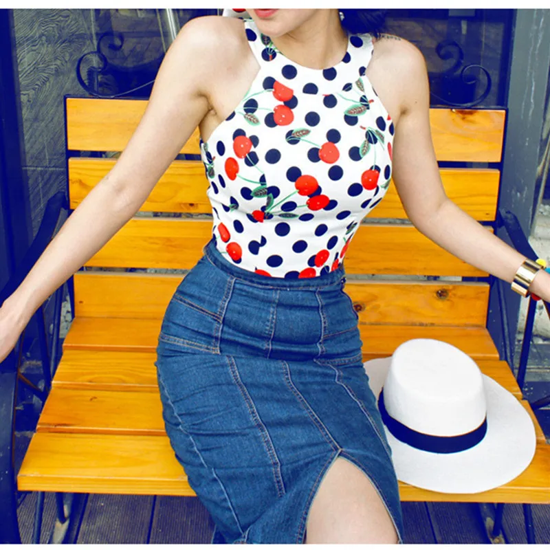 Майка женская летняя в горошек с принтом вишни стиле Одри Хепберн 50 х годов|bow