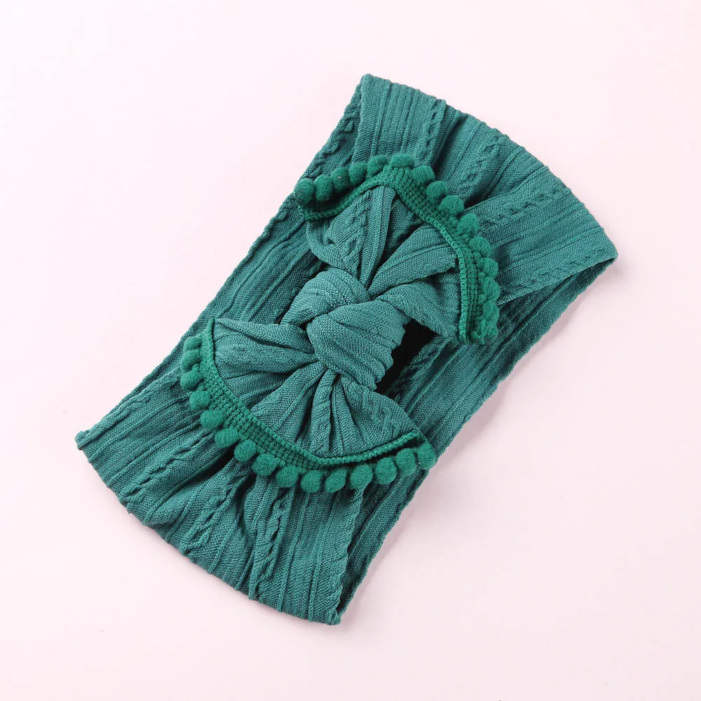 Dark green Вязаный бант из нейлона, ободки с помпоном, широкие нейлоновые повязки на голову, подарок для девочек, аксессуары для волос - Цвет: Dark green