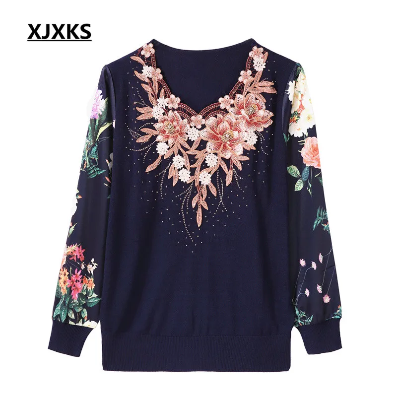 XJXKS Lifelike Sweater Flowers Appliques Women Pullovers Sweaters Plus Size Beading Decoration Casual Soft Oversized | Женская одежда
