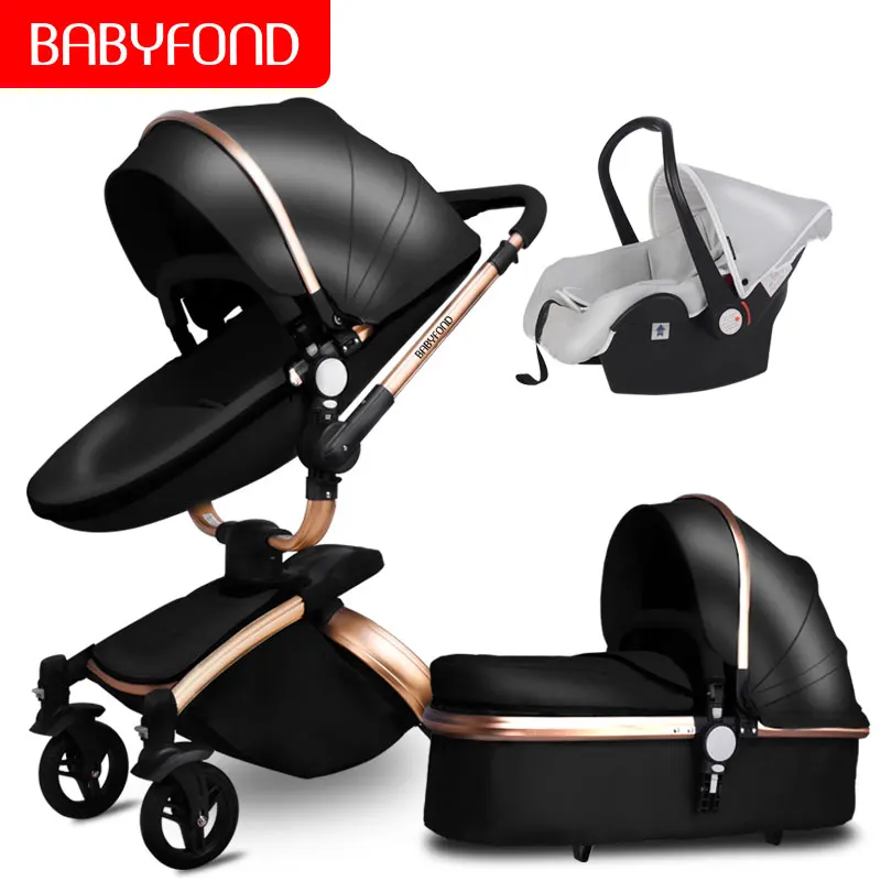 Babyfond 3 в 1 Роскошная Европейская детская коляска, кожаная Двусторонняя амортизационная коляска, брендовая детская коляска 2 в 1, золотисто-коричневая, бесплатные подарки - Цвет: D