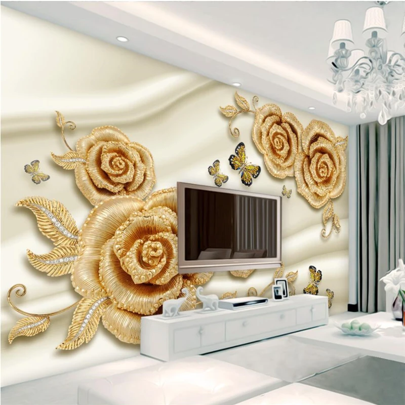 

beibehang Customized Wall paper Luxury 3d Gold Rose Diamond Butterfly Jewelery Mural Sofa TV Living Room Background Wall