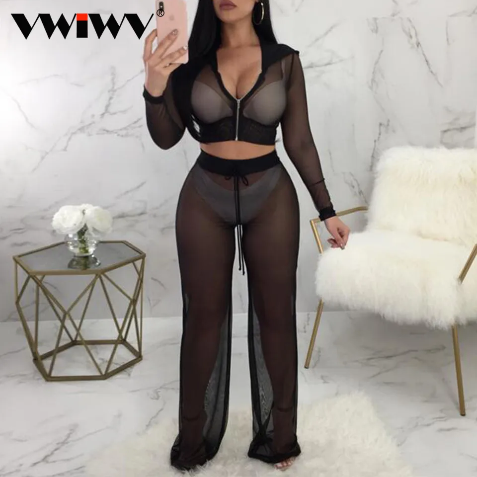 VWIWV женский короткий топ и штаны с капюшоном из прозрачной сетки комплект двух