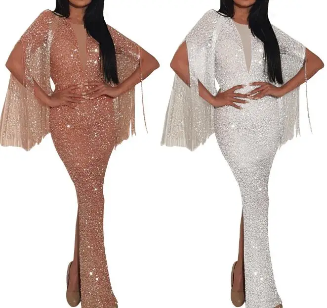 

Cultiseed Women Sexy Deep V neck Blingbling Nightclub Party Dress Female Short Sleeve Tassel Slim Hip Long Dress Ladies Dresses