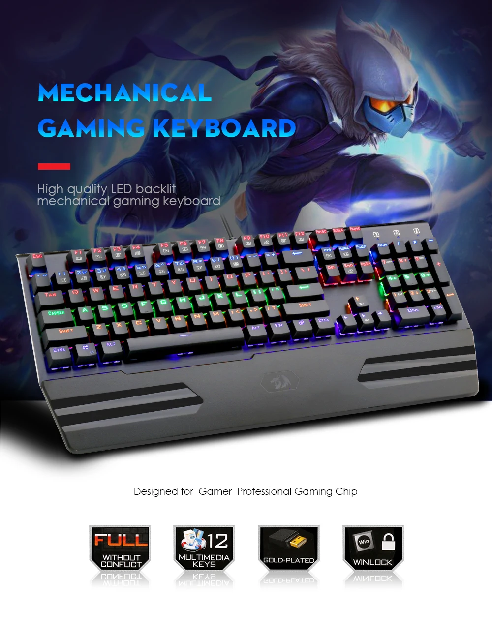 Redragon K560 Радужная алюминиевая USB Механическая игровая клавиатура, синий переключатель, эргономичная подсветка клавиш, 104 клавиш, Проводная компьютерная игровая клавиатура