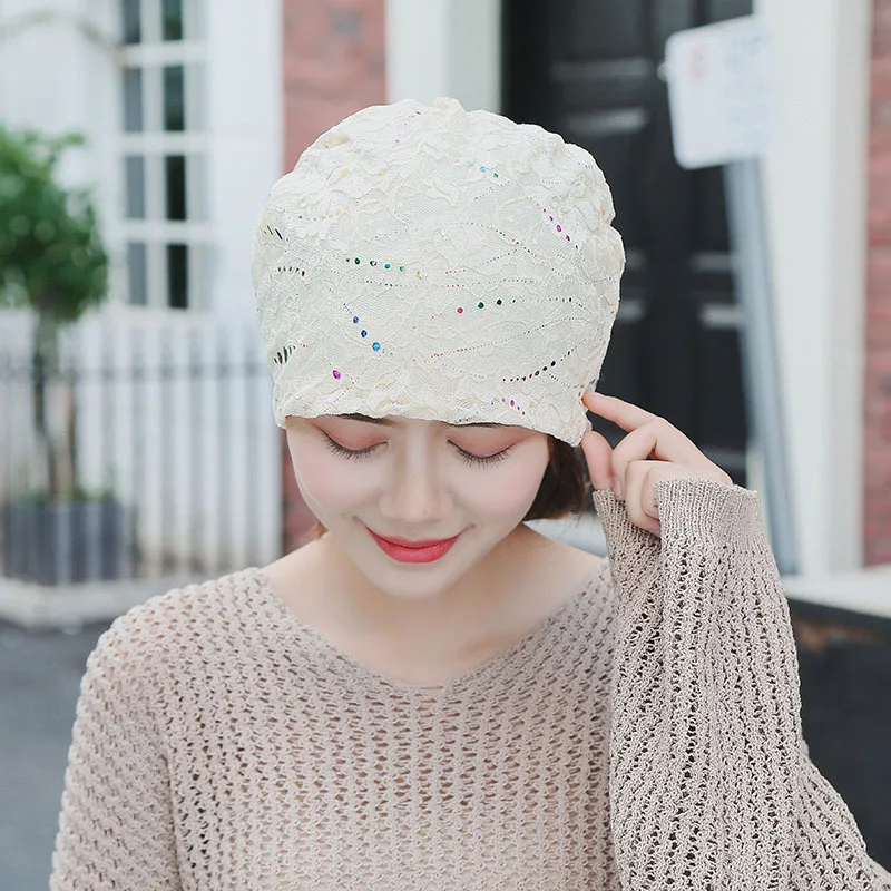 Turban Hats For Women Beanies Ladies Double Layer Lace Flower Bonnet Femme Female Baggy Cap 2018 New Summer Autumn Beanie | Аксессуары