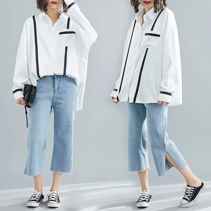 Striped White Blouse Новое поступление, Женская белая рубашка в полоску, Лоскутная, рукав летучая мышь, хлопковая Длинная блузка с отложным воротником размера плюс, Свободный Повседневный Топ - Цвет: Striped White Blouse
