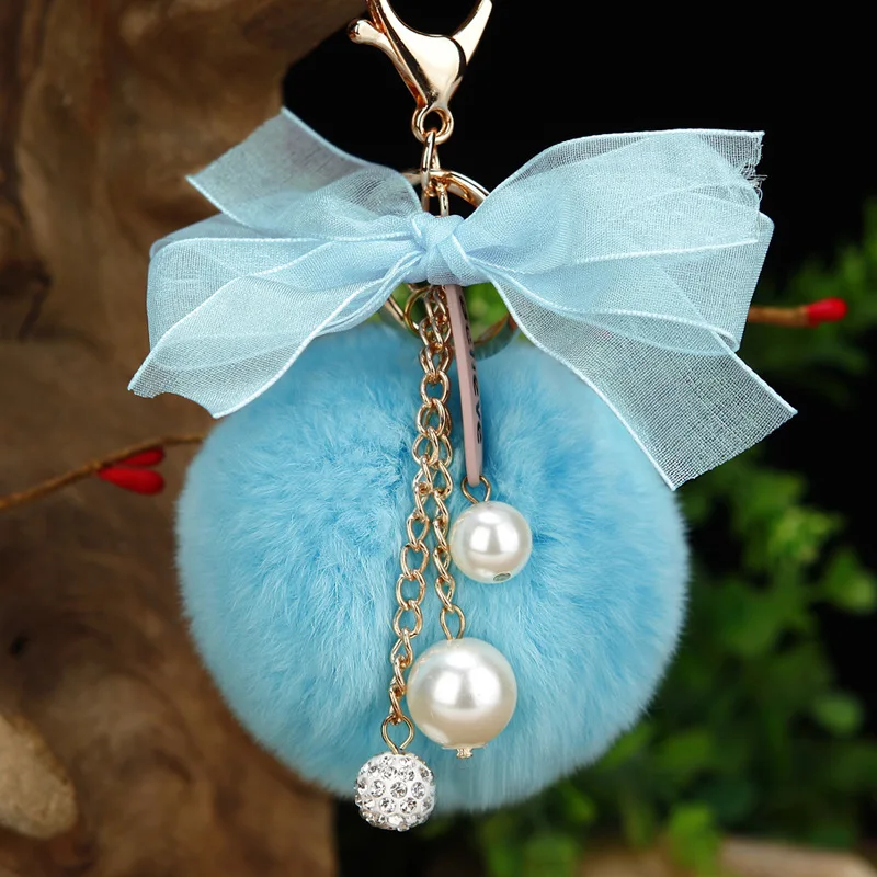 Fluffy Puff Ball Crystal Pearl Bow Tie Pompom Keychain cute Women Bag Rabbit Bunny Key Chain Ring car Keychains Holder Jewelry