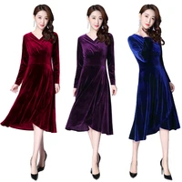 free shipping plus size m 3xl stretch velour dresses for women long knee length dress spring autumn velvet v neck long sleeve