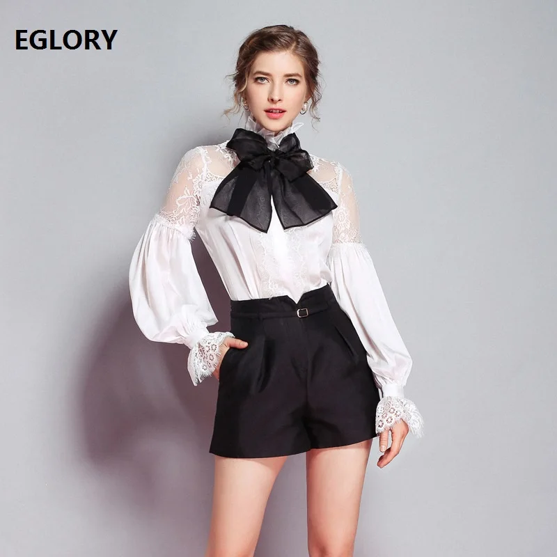 2019 Spring Fashion Blouse Shirt Women Sexy Sheer Lace Patchwork Bow Tie Elegant Long Sleeve Shirt Female Work Office Blouse XL