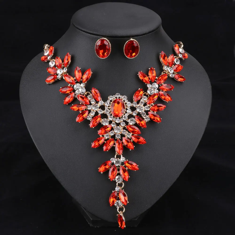 Модные женские свадебные ожерелья наборы золотистого цвета Колье со стразами и