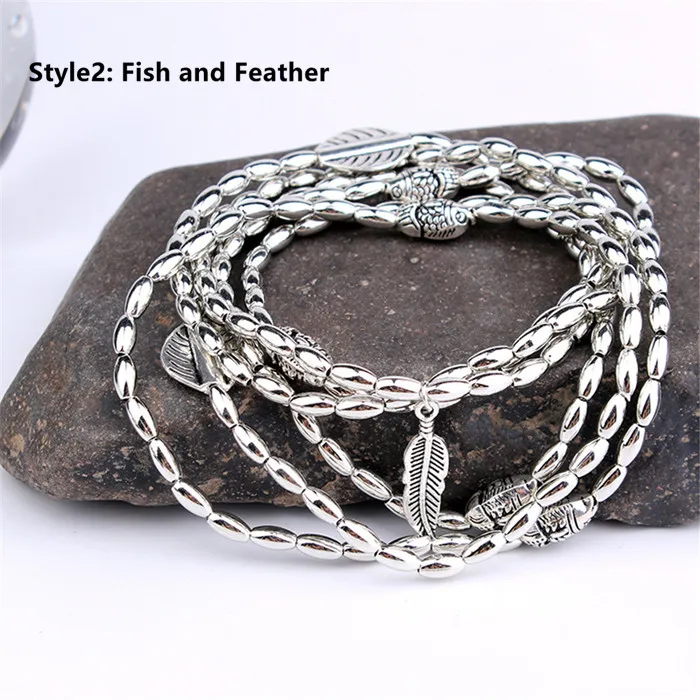 Fish and Feather Винтажные Многослойные браслеты с бисером для женщин, богемные пляжные браслеты с перьями, рыбками, бусинами, украшения для ног, подарок друзьям - Окраска металла: Fish and Feather