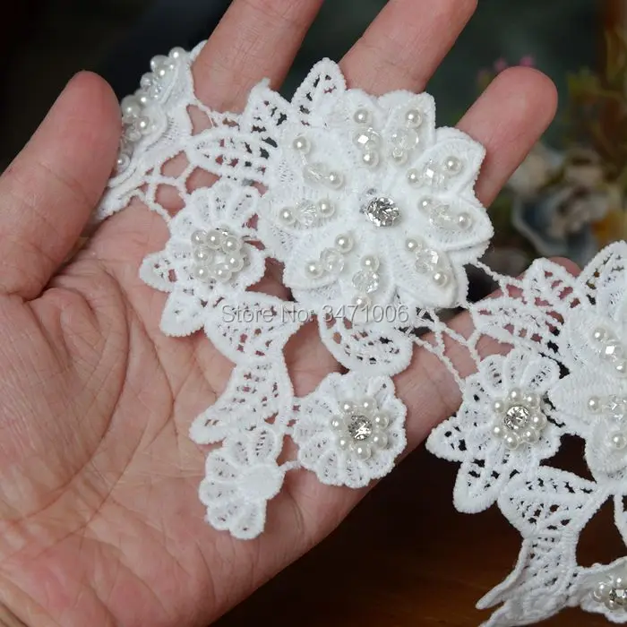 5 pieces/ Embroidery lace flower Appliqued Crystal Jacquard DIY Ribbon Wedding dress Sewing Rhinestones Trims pearl 3D Patches | Дом и сад