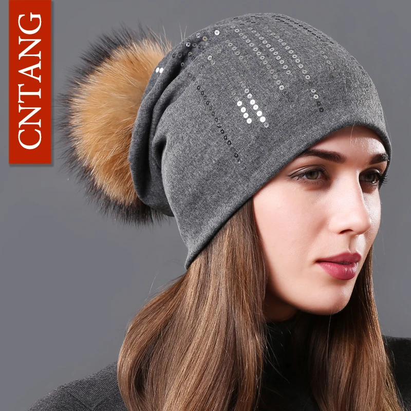 Шапка CNTANG женская с круглыми блестками Модная хлопковая бини помпоном из